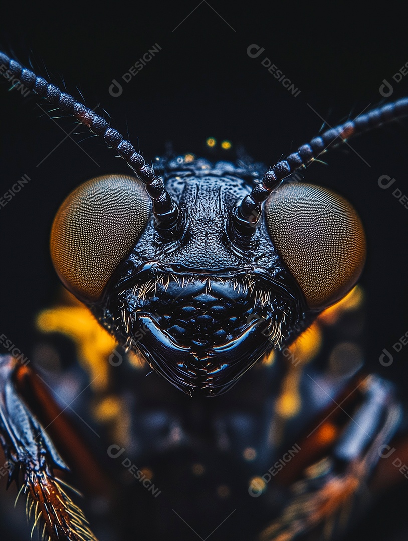 Linda visão aproximada da face de uma formiga sobre fundo isolado