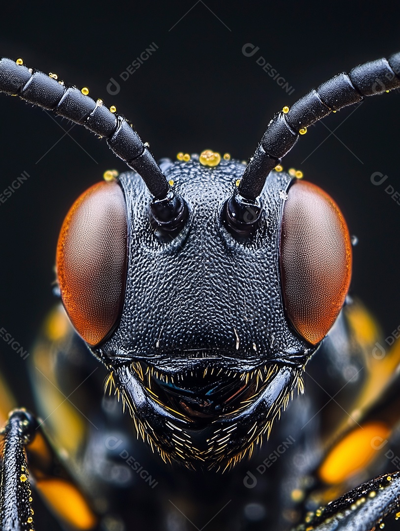 Linda visão aproximada da face de uma formiga sobre fundo isolado