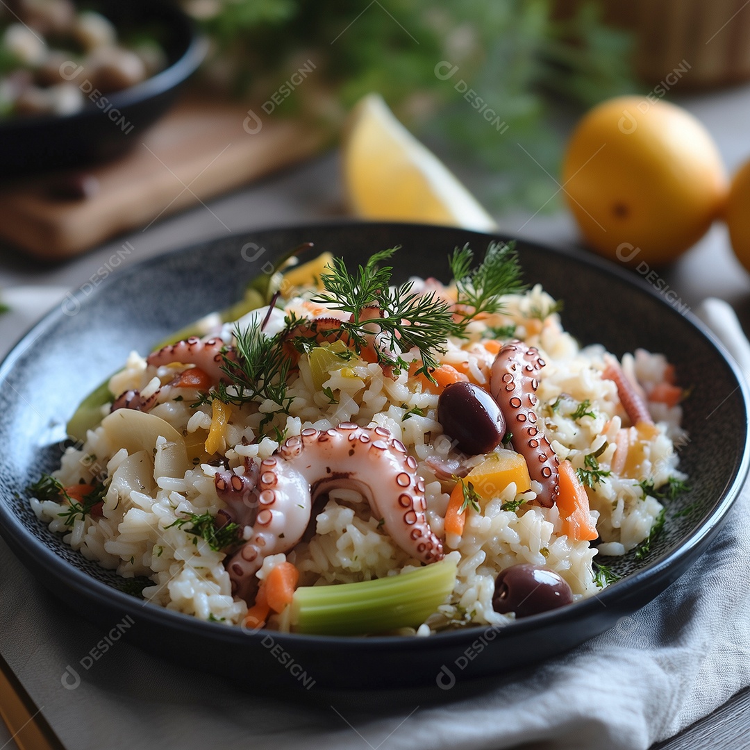 Lindo jantar de frutos do mar tipicos do céara em tijela sobre mesa de madeira