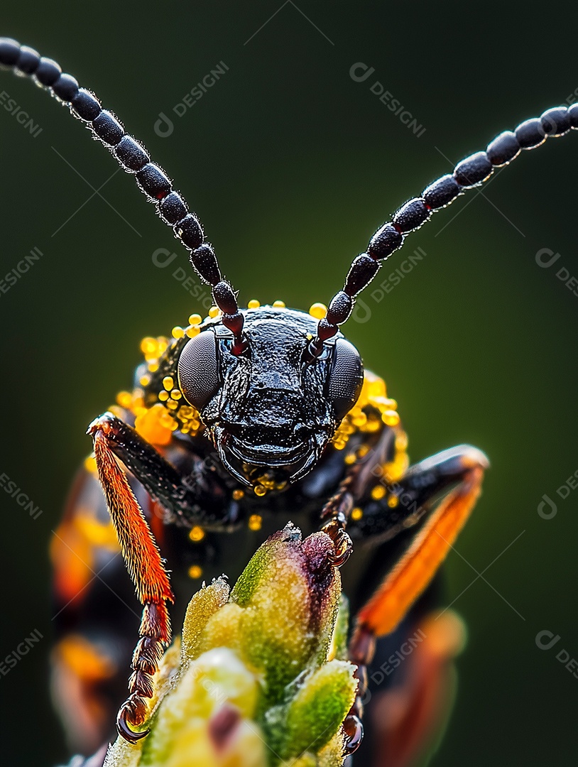 Linda visão aproximada da face de uma abelha em planta sobre fundo isolado