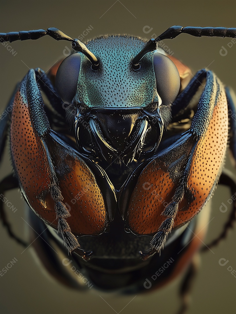 Linda visão aproximada da face de uma formiga sobre fundo isolado