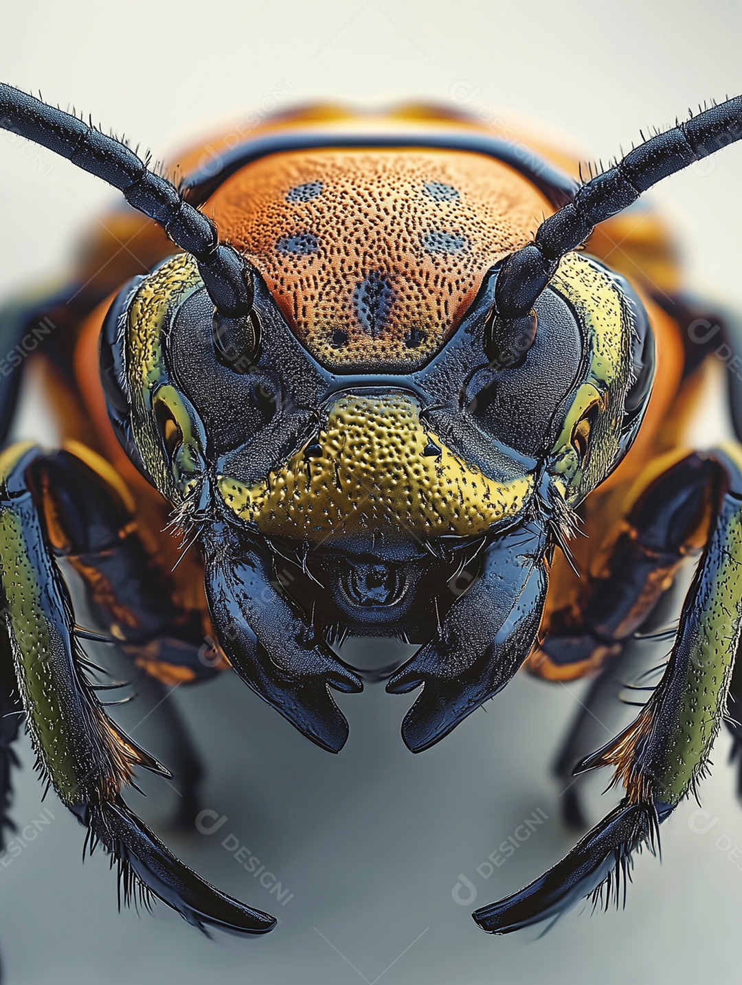 Linda visão aproximada da face de uma abelha sobre fundo isolado