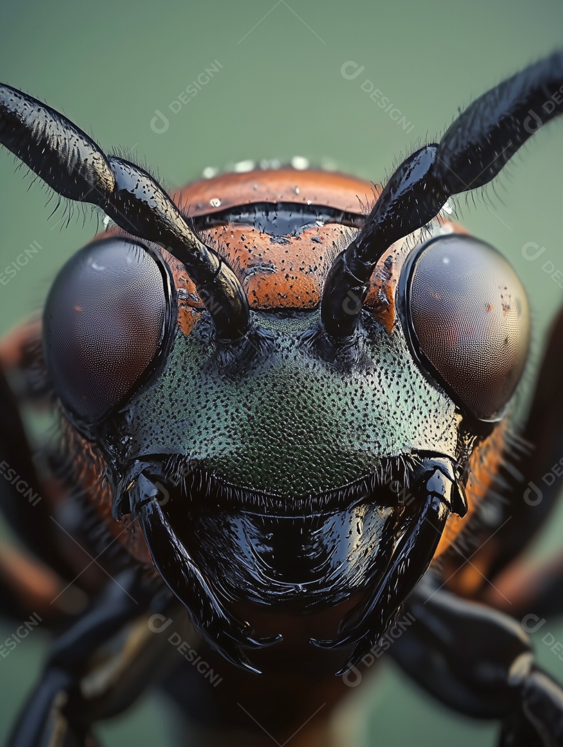 Linda visão aproximada da face de uma formiga sobre fundo isolado