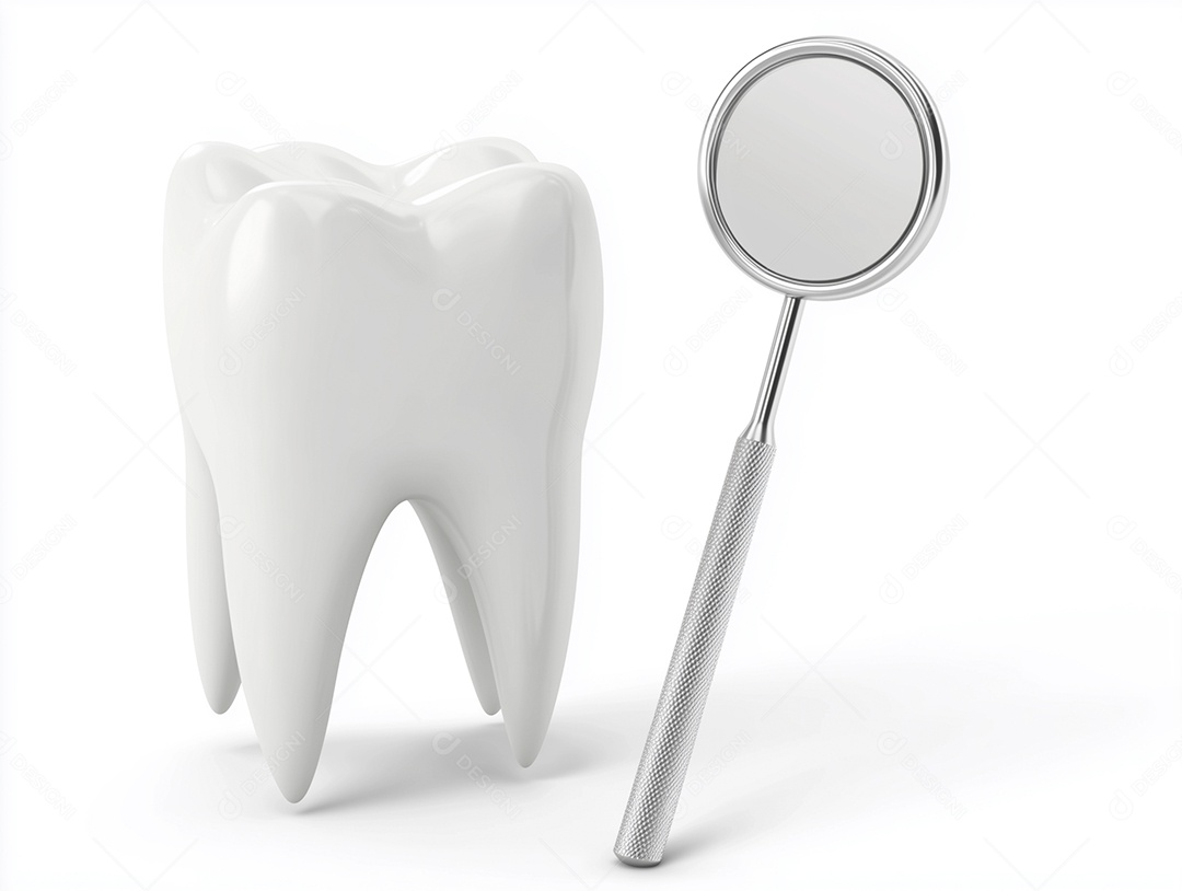 Dente com espelho dental sobre fundo branco isolado