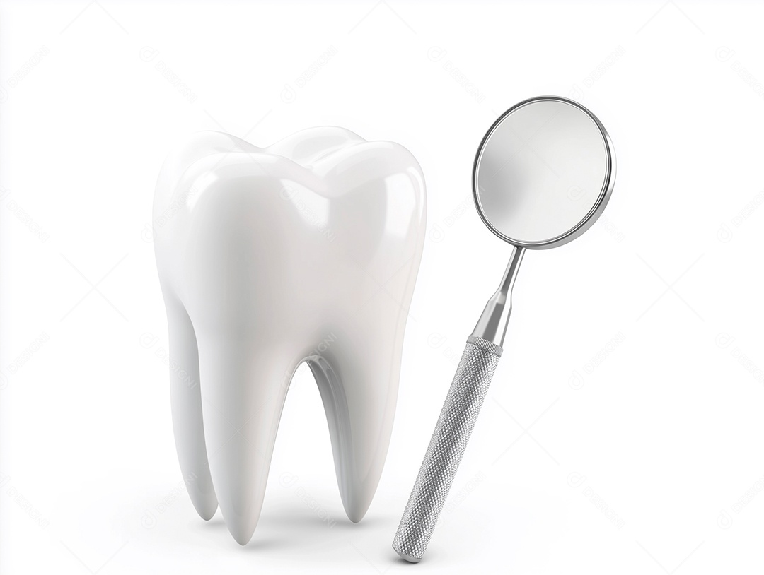 Dente com espelho dental sobre fundo branco isolado