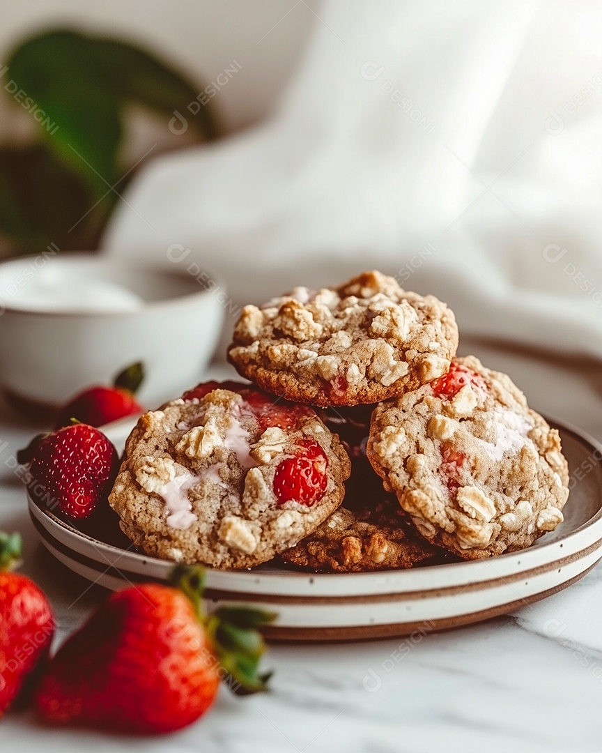 Belos cookies com recheio de morango em prato sobre mesa de marmore
