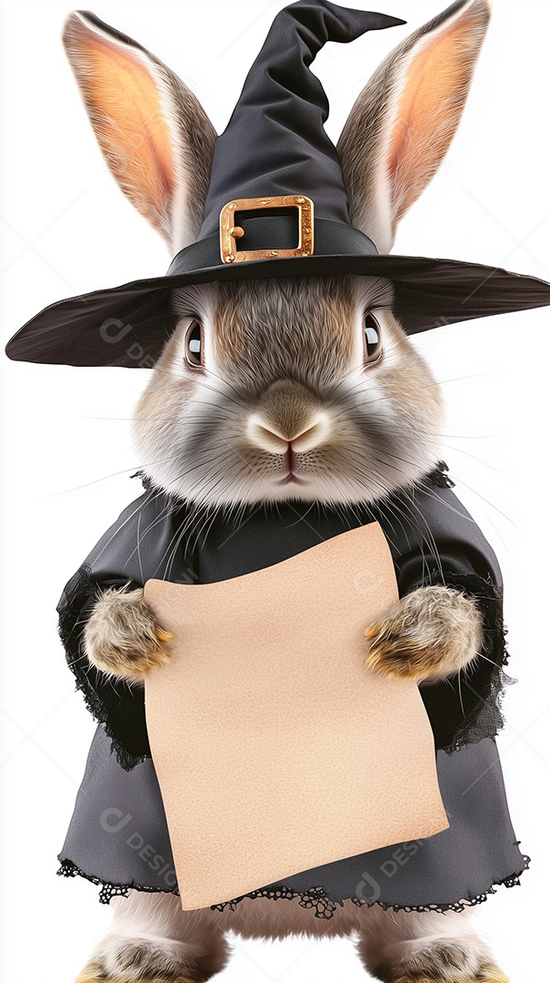 Lindo coelho fantasiado segurando papel em branco sobre fundo branco isolado