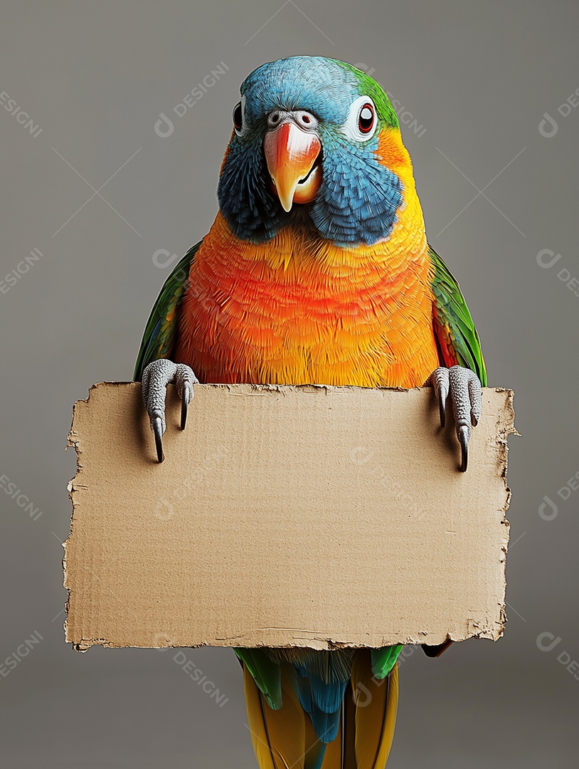 Belo papagaio colorido segurando papel em branco sobre fundo isolado