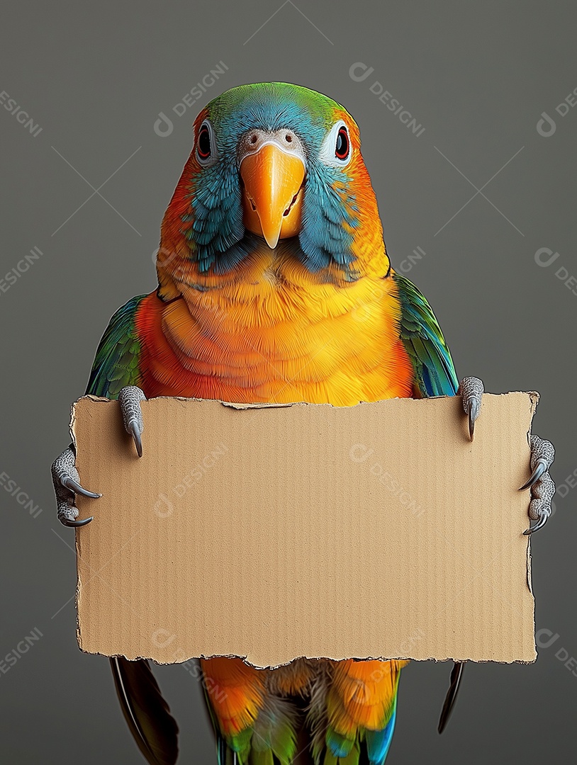 Belo papagaio colorido segurando papel em branco sobre fundo isolado