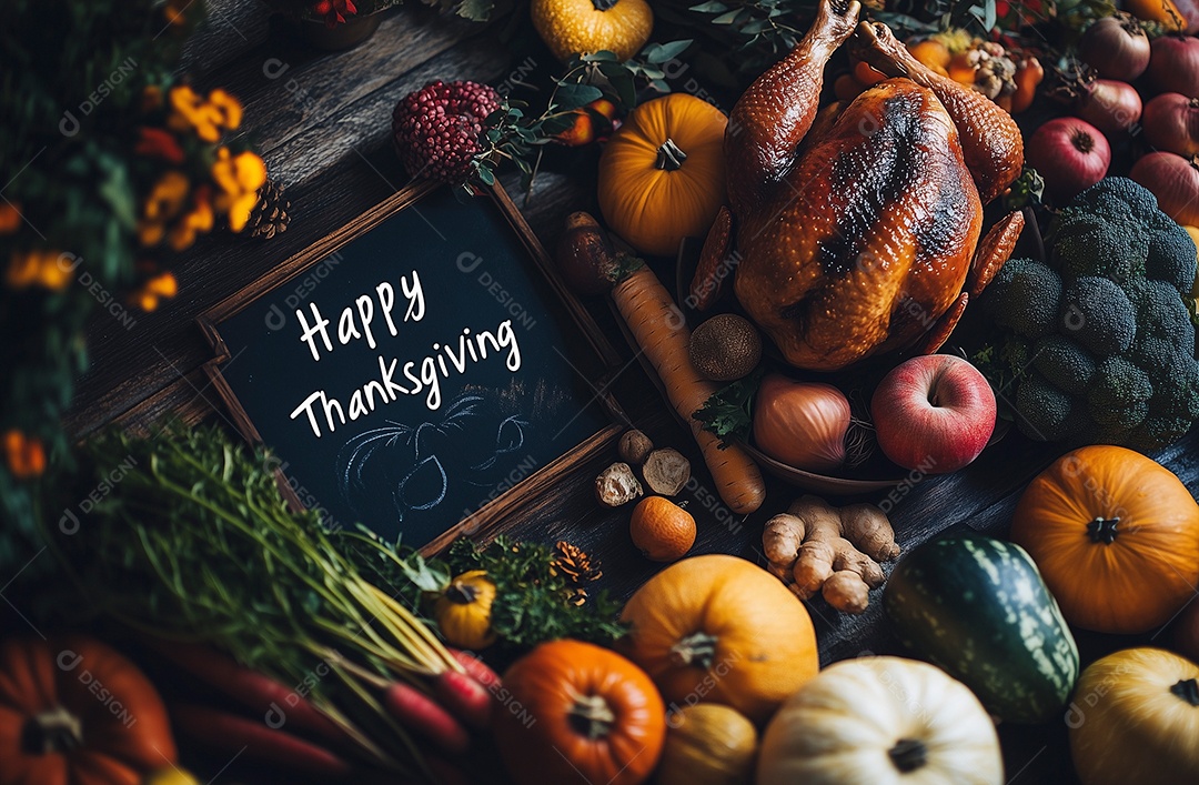 Feliz dia de ação de graças com variedades de alimento sobre mesa de madeira
