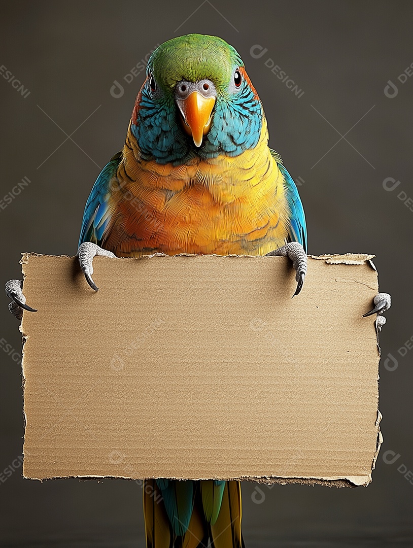 Belo papagaio colorido segurando papel em branco sobre fundo isolado