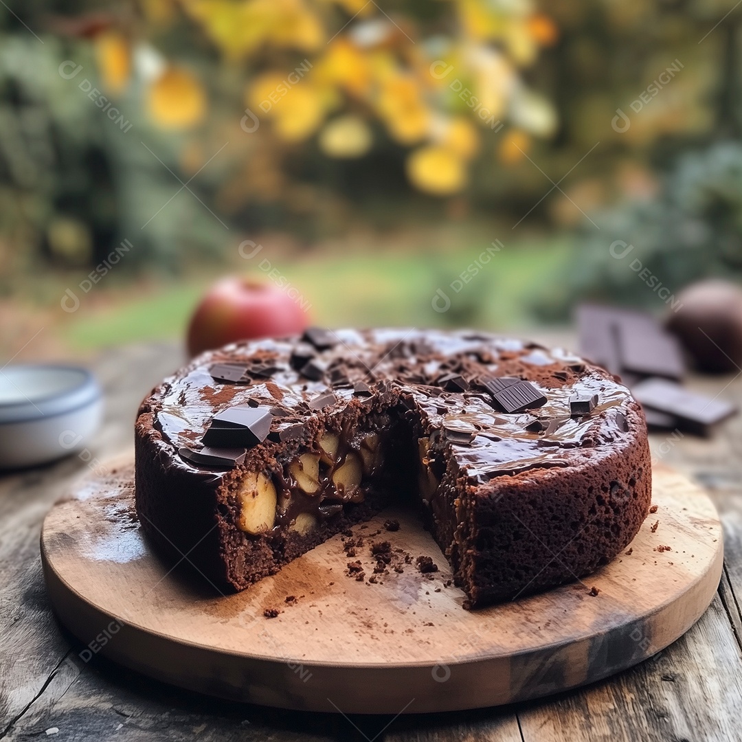 Lindo bolo com recheio de maçã e cobretura de barra de chocolate em tábua sobre mesa de madeira