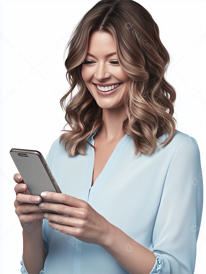 Linda mulher sorridente mechendo em smartphone sobre fundo branco isolado