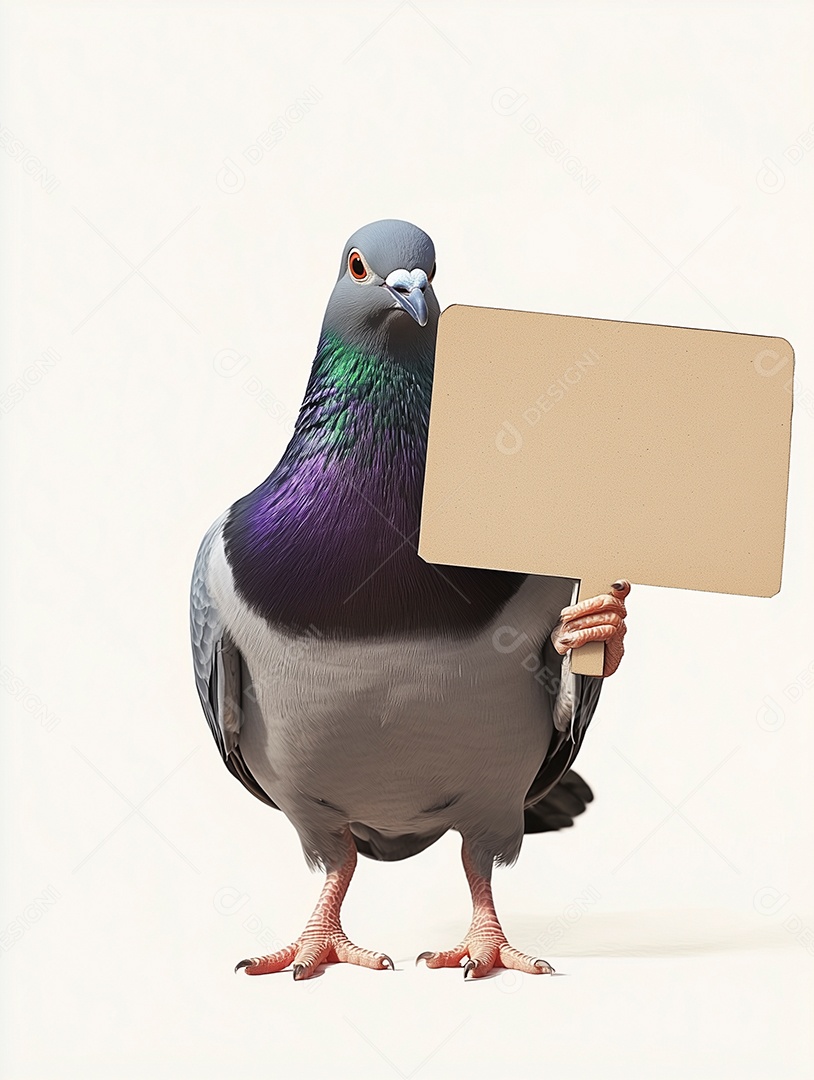 Belo pombo segurando placa em branco sobre fundo branco isolado
