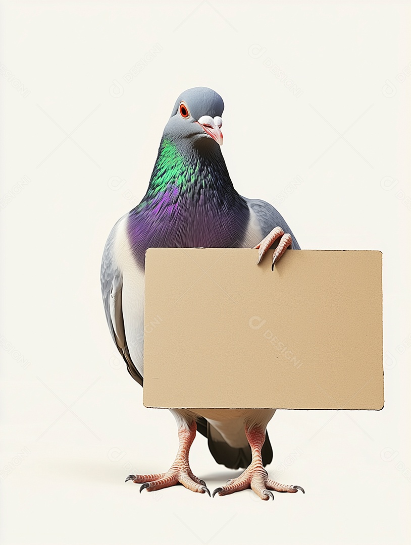 Belo pombo segurando placa em branco sobre fundo branco isolado