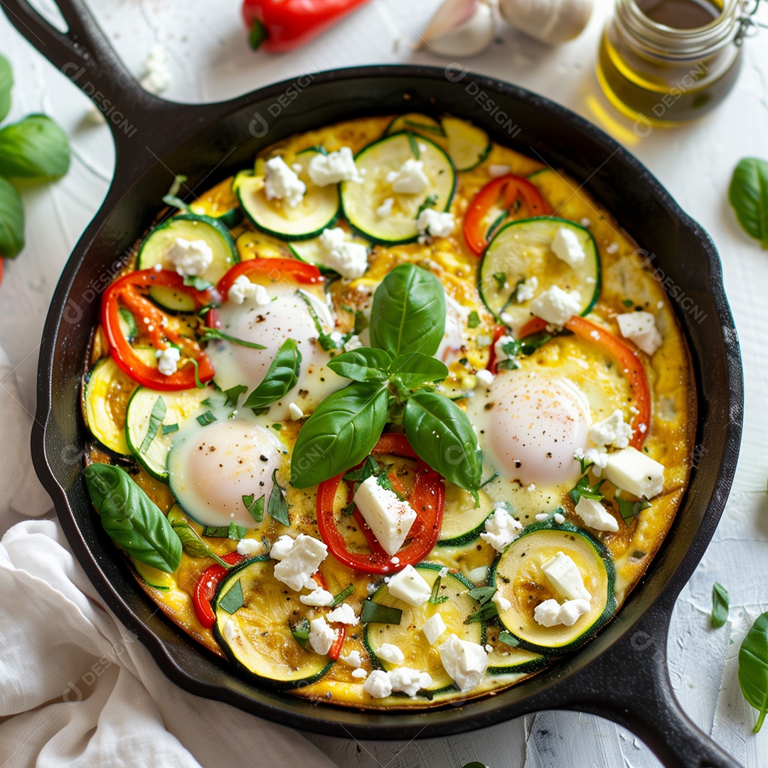 Delícioso omelete com legumes em frigideira sobre mesa de marmore