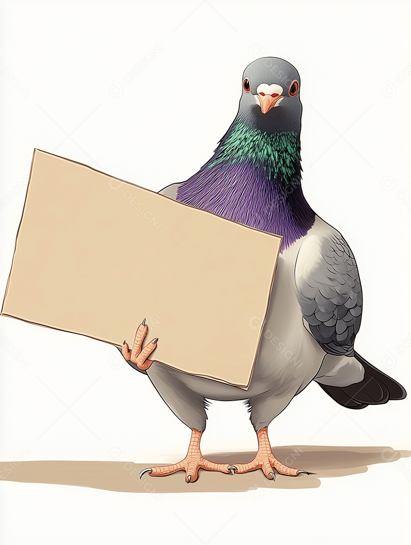 Belo pombo segurando placa em branco sobre fundo branco isolado