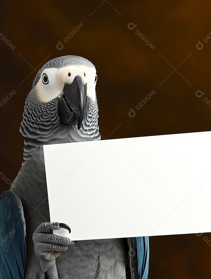 Belo papagaio segurando papel em branco sobre fundo isolado