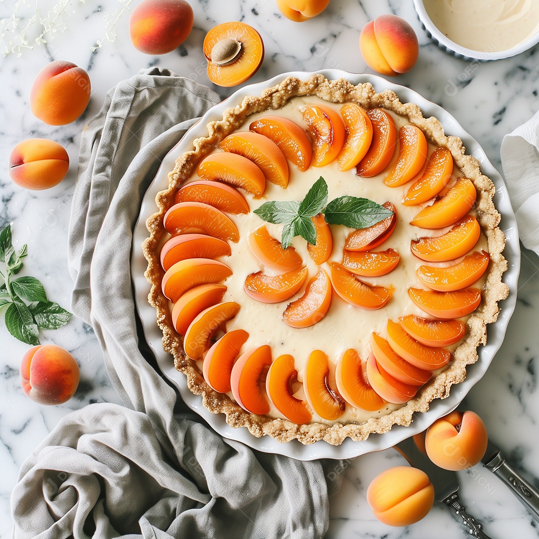 Bela torta de pêssego em prato sobre mesa de marmore