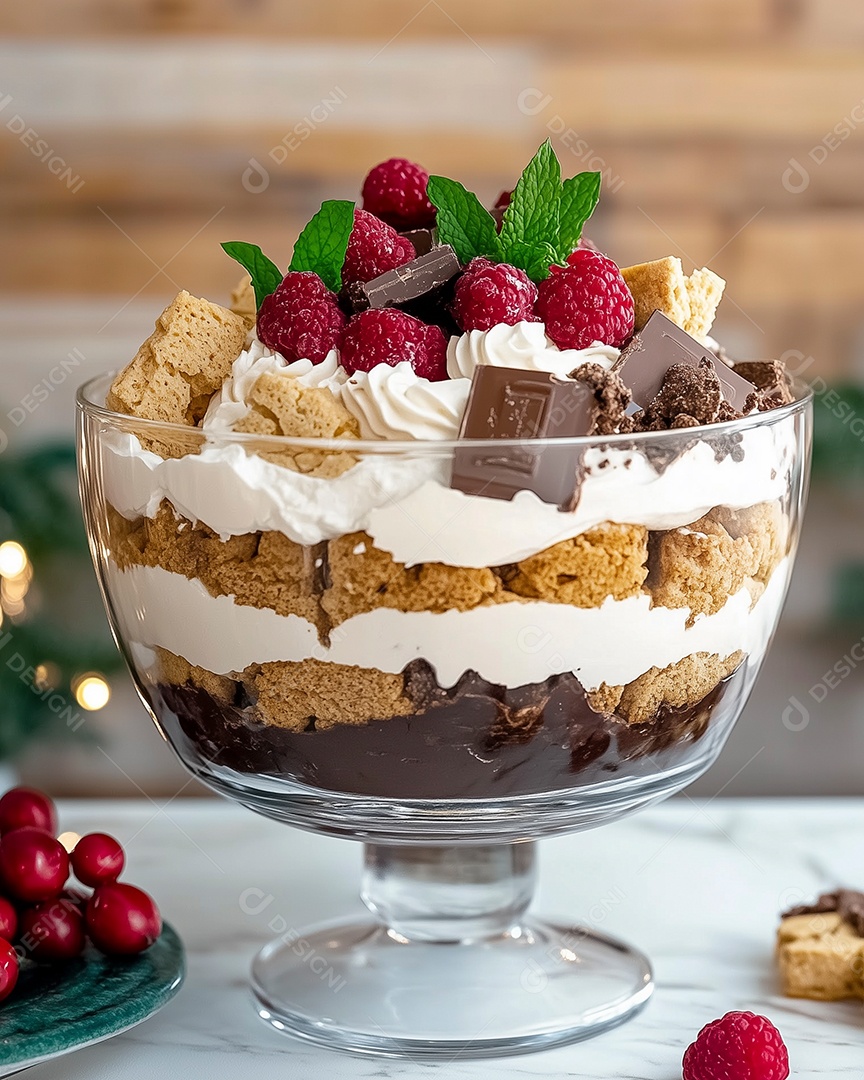 Delícioso trifle em uma tijela de vidro sobre mesa de marmore