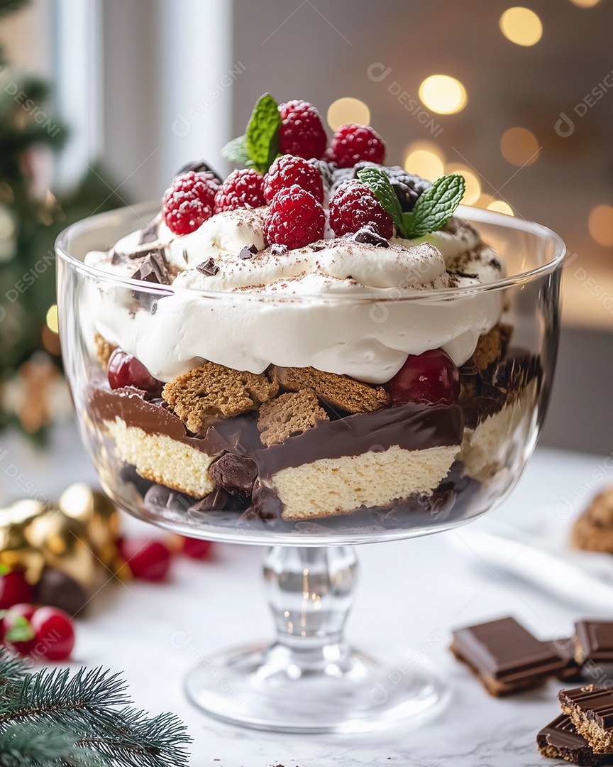 Delícioso trifle em uma tijela de vidro sobre mesa de marmore