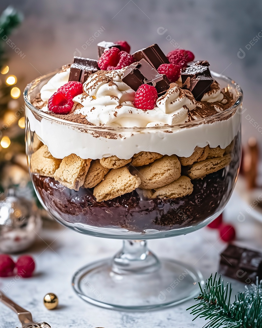 Delícioso trifle em uma tijela de vidro sobre mesa de marmore