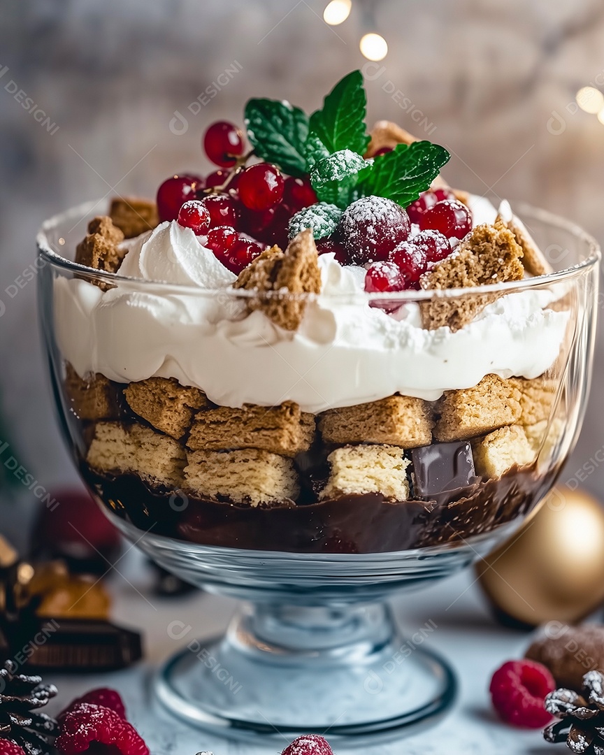 Delícioso trifle em uma tijela de vidro sobre mesa de marmore