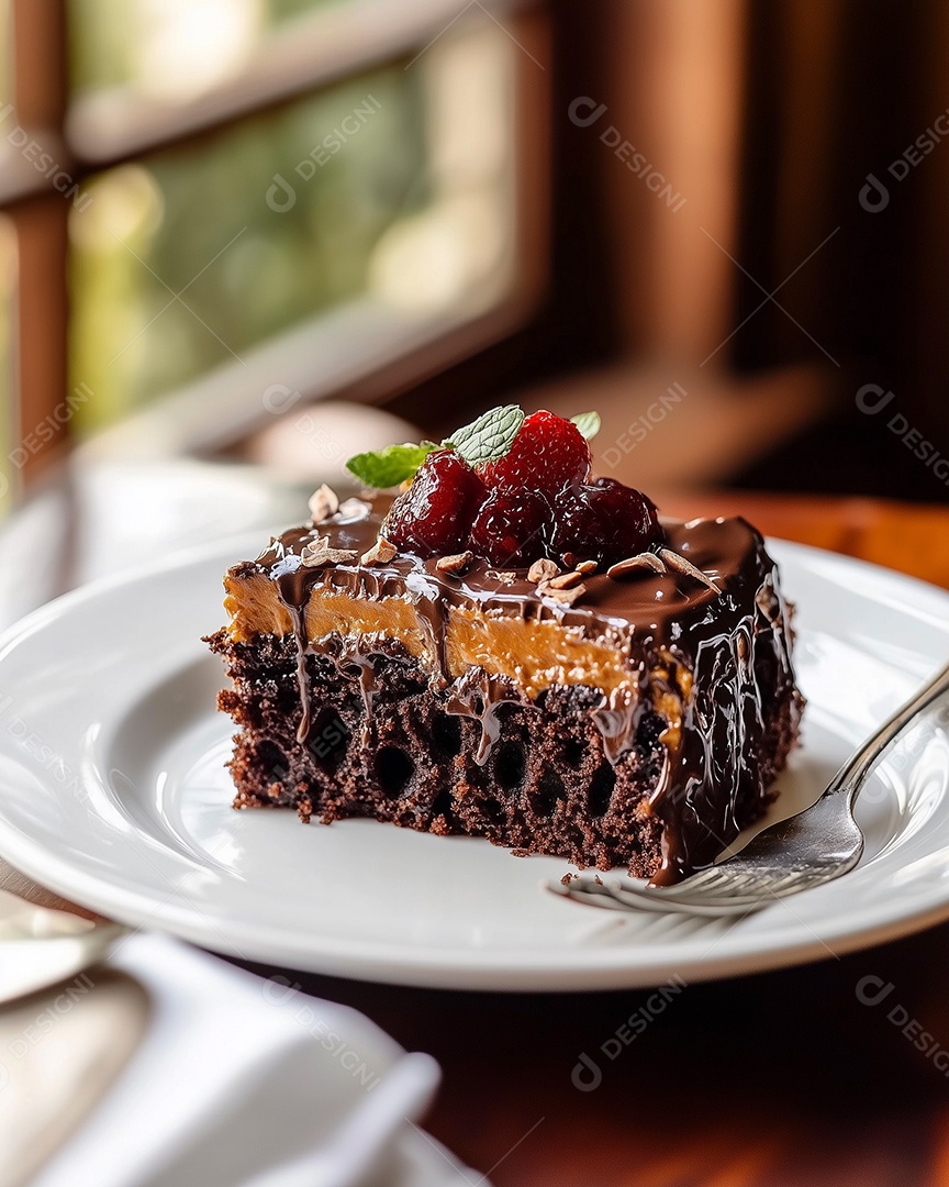 Delícioso bolo de chocolate com frutas vermelhas em um prato sobre mesa de madeira