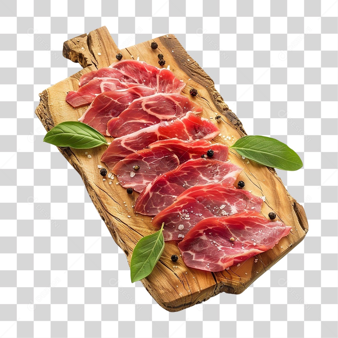 Tábua de Madeira com Pedaços de Carne e Temperos PNG Transparente