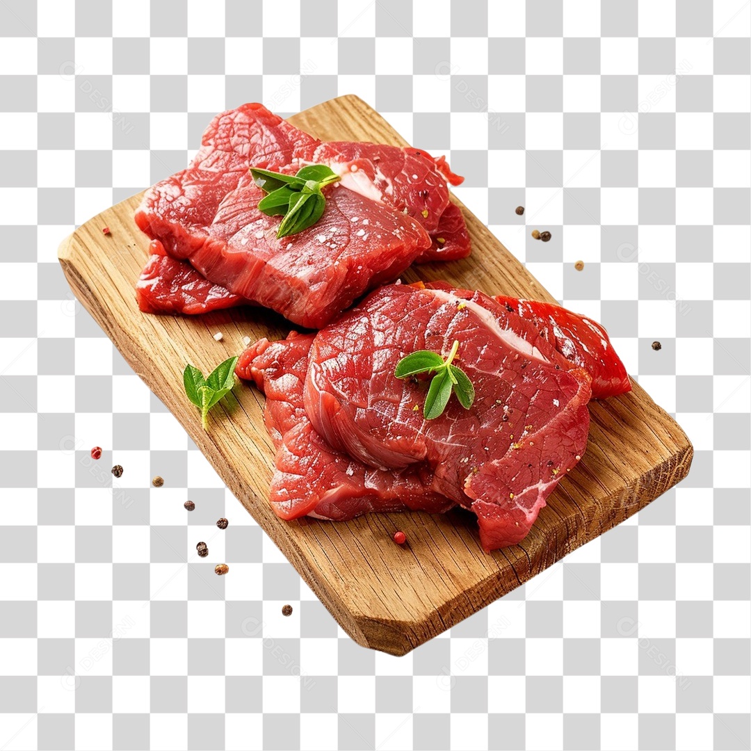 Tábua de Madeira com Pedaços de Carne e Temperos PNG Transparente