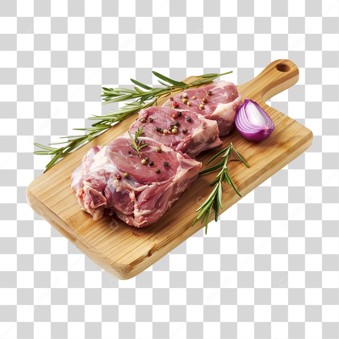 Tábua de Madeira com Pedaços de Carne e Temperos PNG Transparente