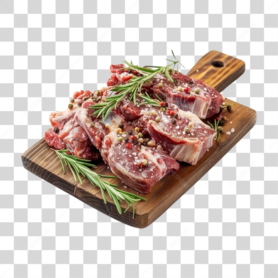 Tábua de Madeira com Pedaços de Carne e Temperos PNG Transparente