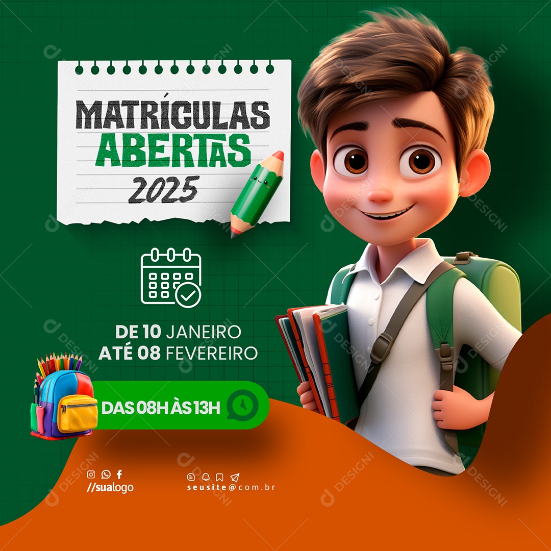 Volta às Aulas Matrículas Abertas Social Media PSD Editável