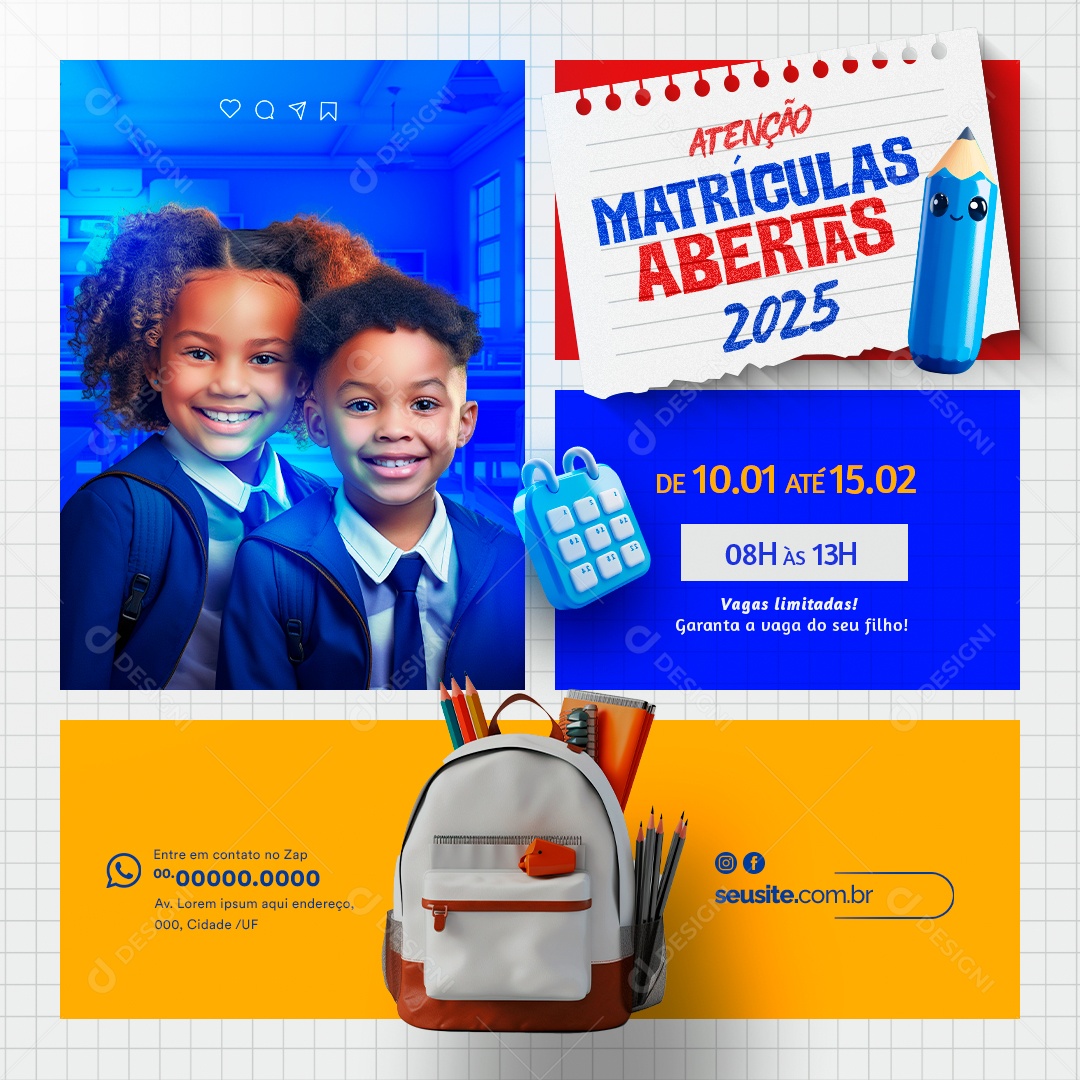 Volta às Aulas Matrículas Abertas Social Media PSD Editável
