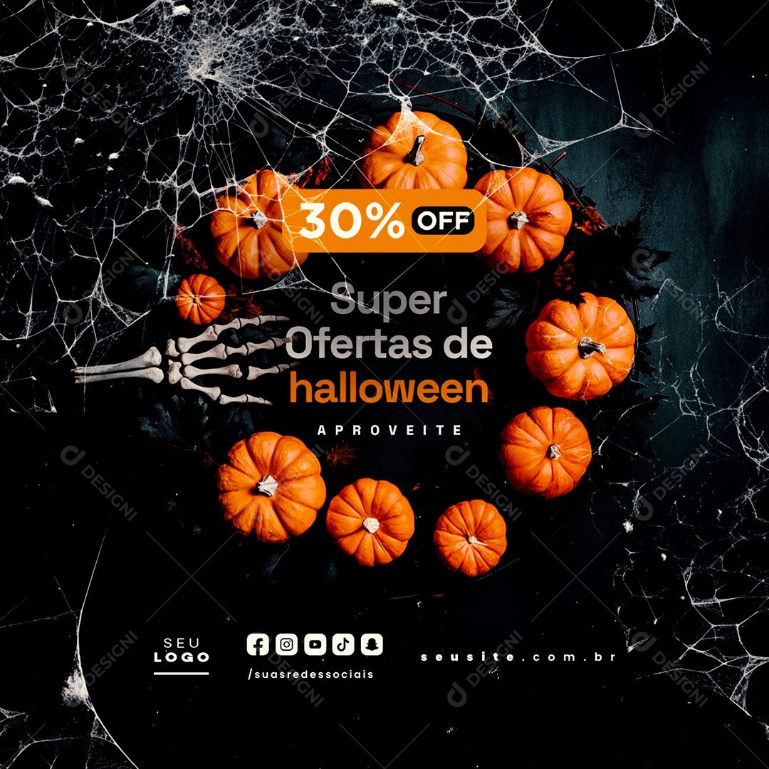 Dia das Bruxas Super Ofertas de Halloween Aproveite 30% Off Social Media PSD Editável