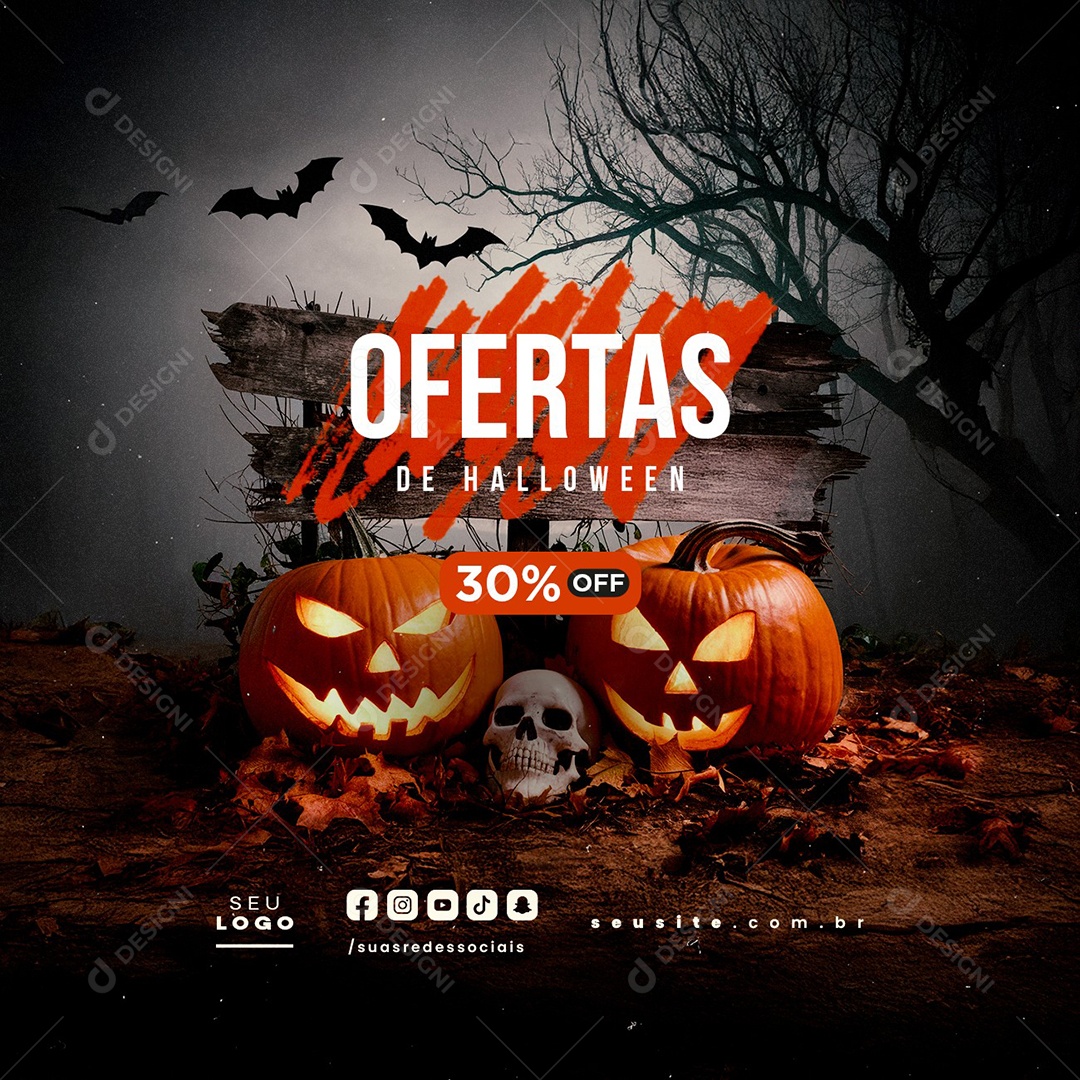 Dia das Bruxas Ofertas de Halloween 30% Off Social Media PSD Editável