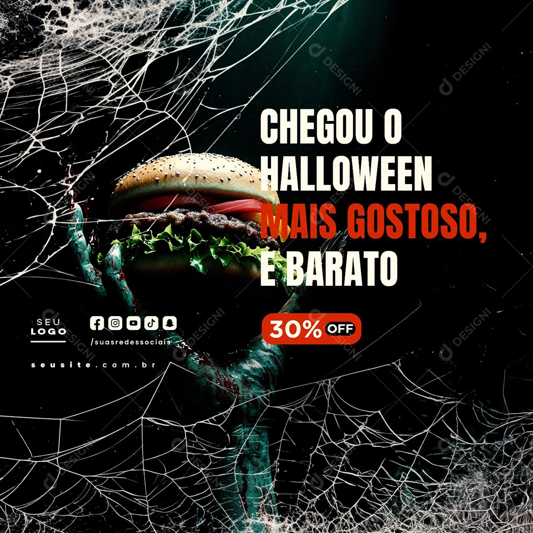 Dia das Bruxas Halloween Hamburgueria 30% Off Social Media PSD Editável