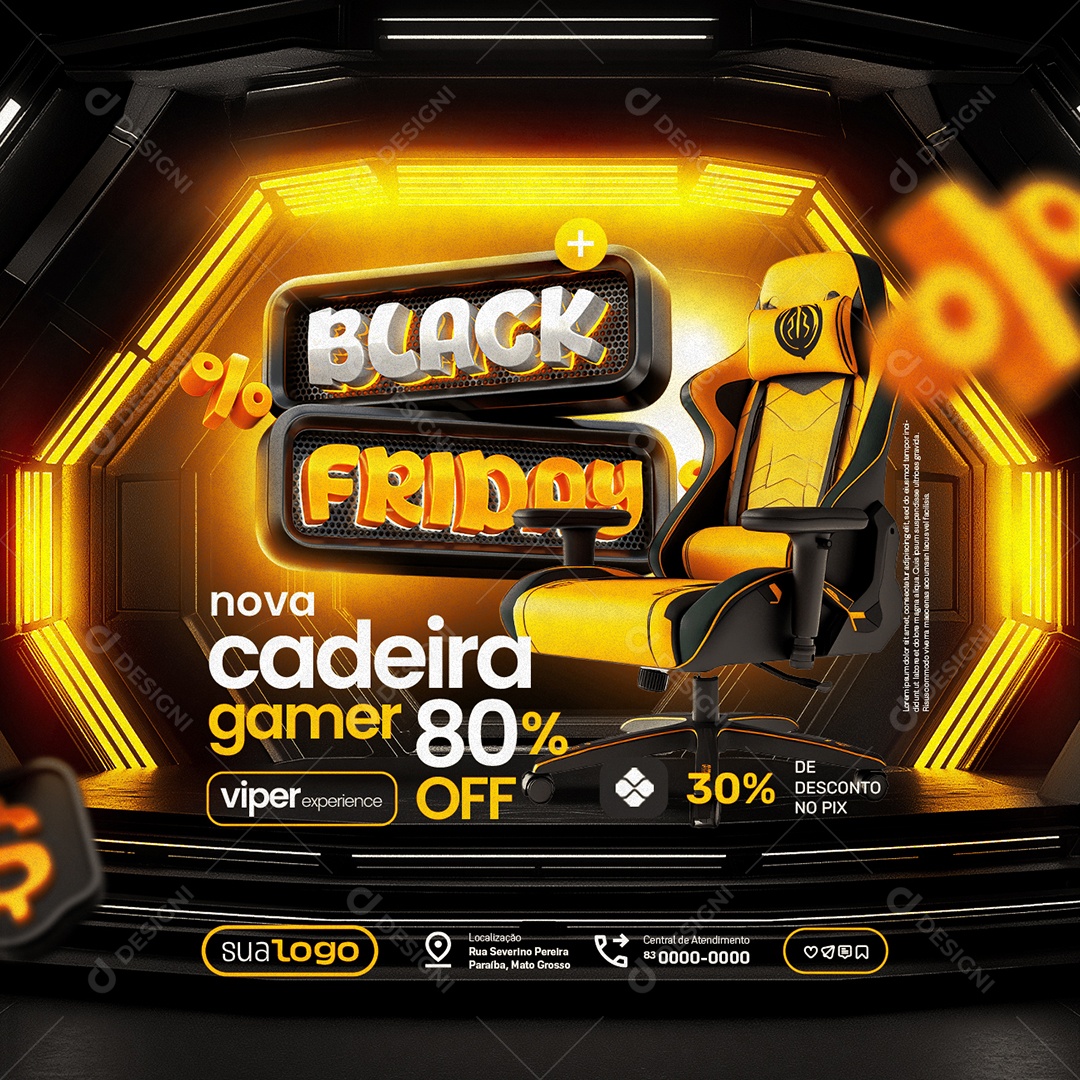 Black Friday Loja de Eletrônicos Nova Cadeira Gamer 80% Off Social Media PSD Editável