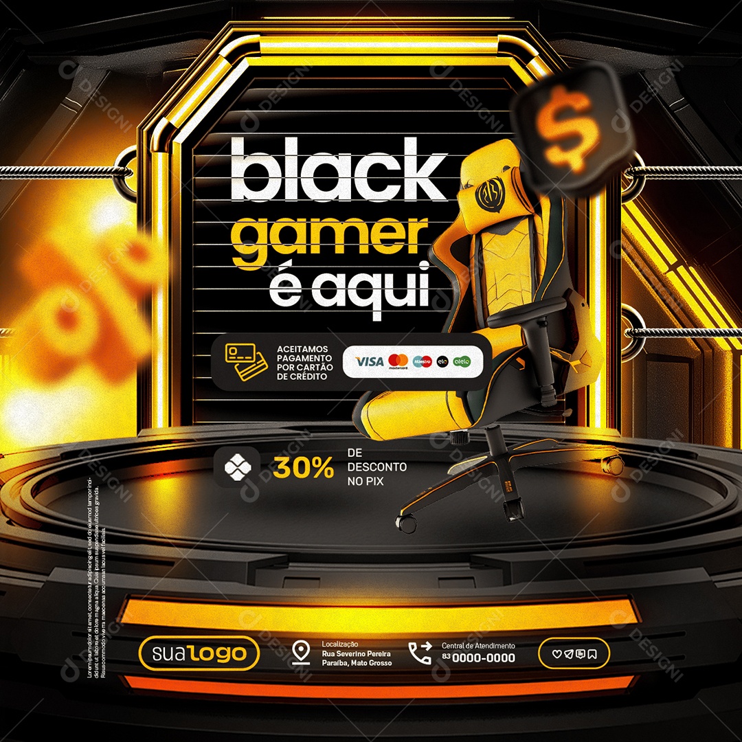 Black Friday Loja de Eletrônicos Cadeira Gamer 30% de Desconto no Pix Social Media PSD Editável