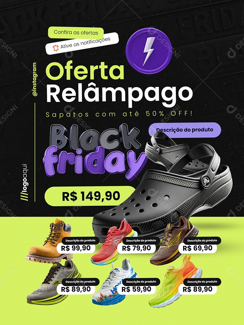 Black Friday Loja de Calçados Encarte Oferta Relâmpago Social Media PSD Editável