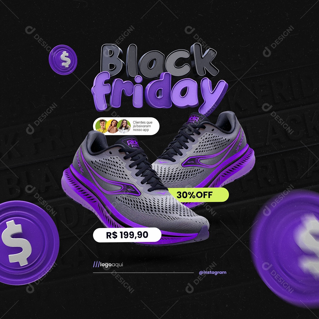 Black Friday Loja de Calçados Tênis 30% Off Social Media PSD Editável