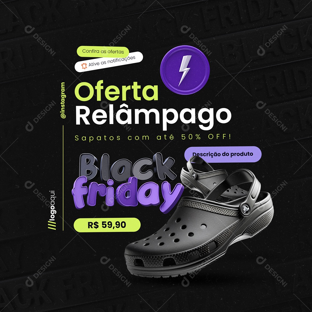 Black Friday Loja de Calçados Oferta Relâmpago Social Media PSD Editável