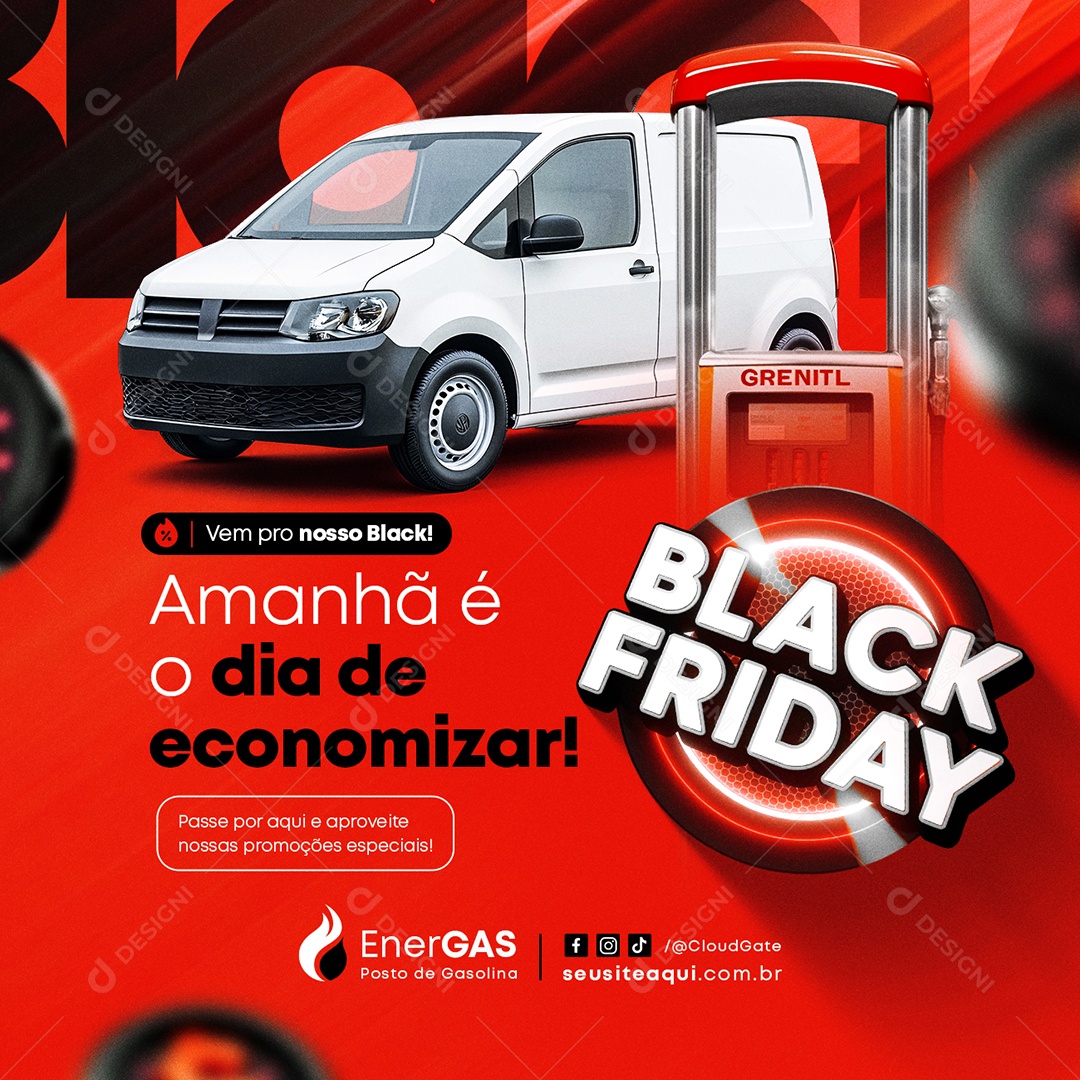 Black Friday Posto de Gasolina Amanhã é Dia de Economizar Social Media PSD Editável