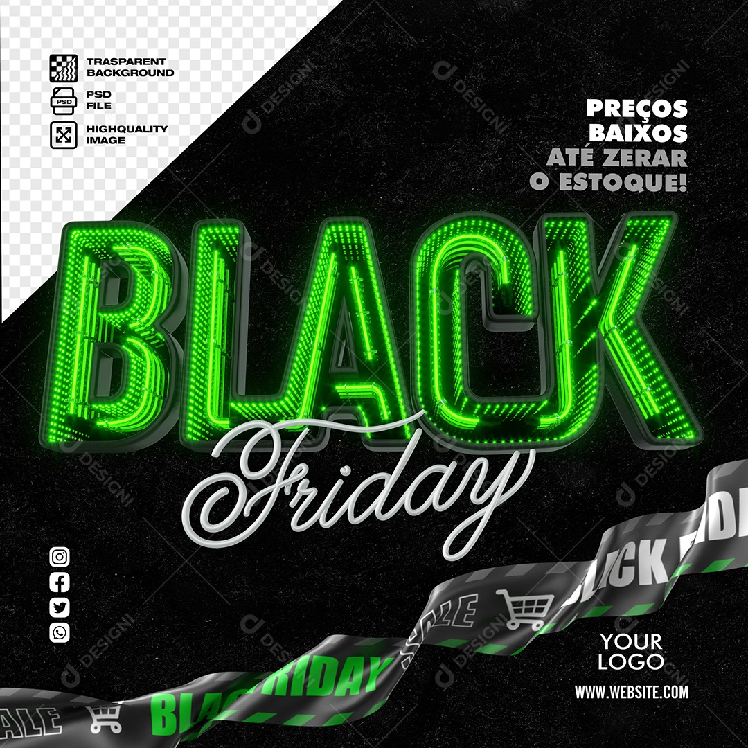 Black Friday Selo 3D Verde com Luz Neon para Composição PSD