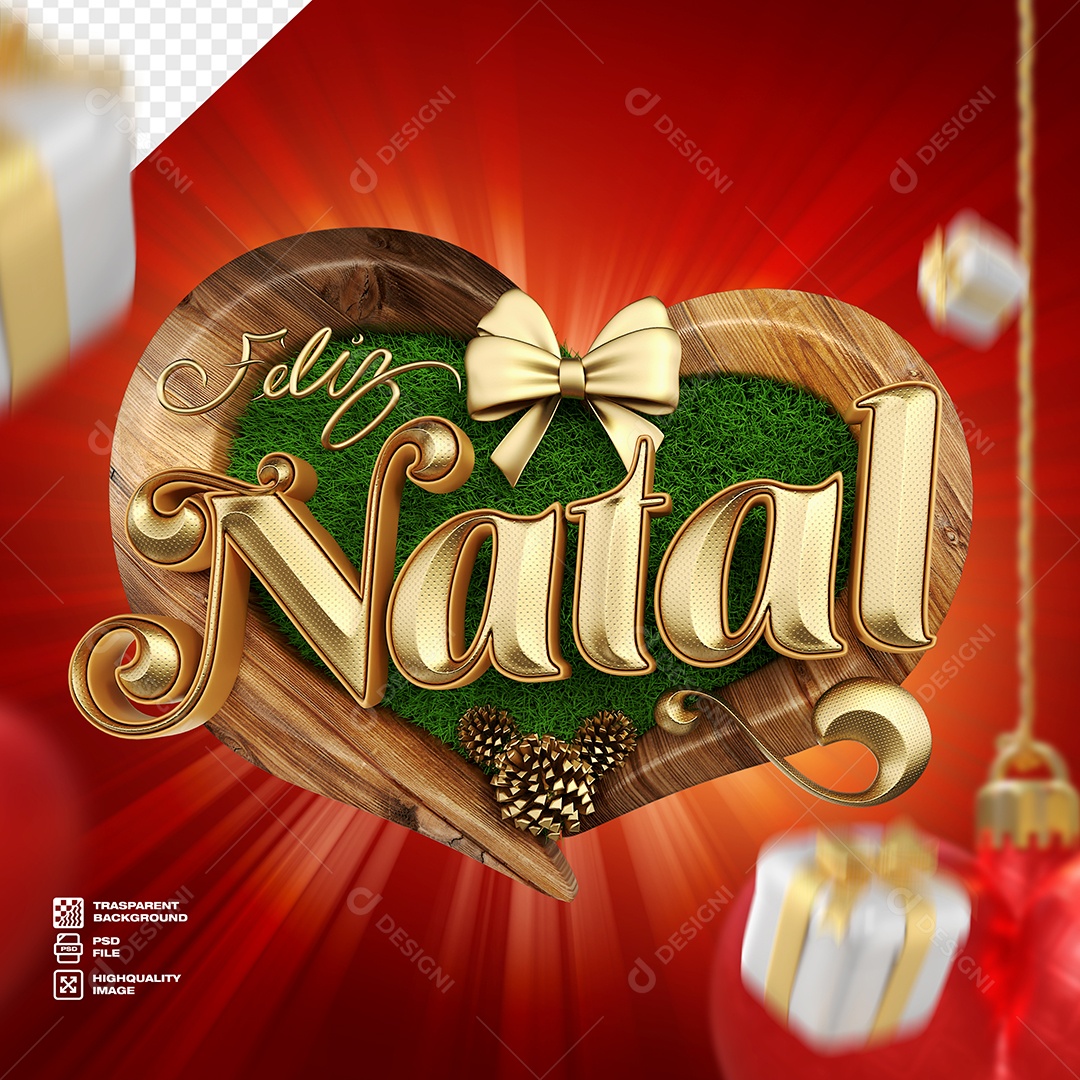 Feliz Natal Selo 3D Dourado para Composição PSD