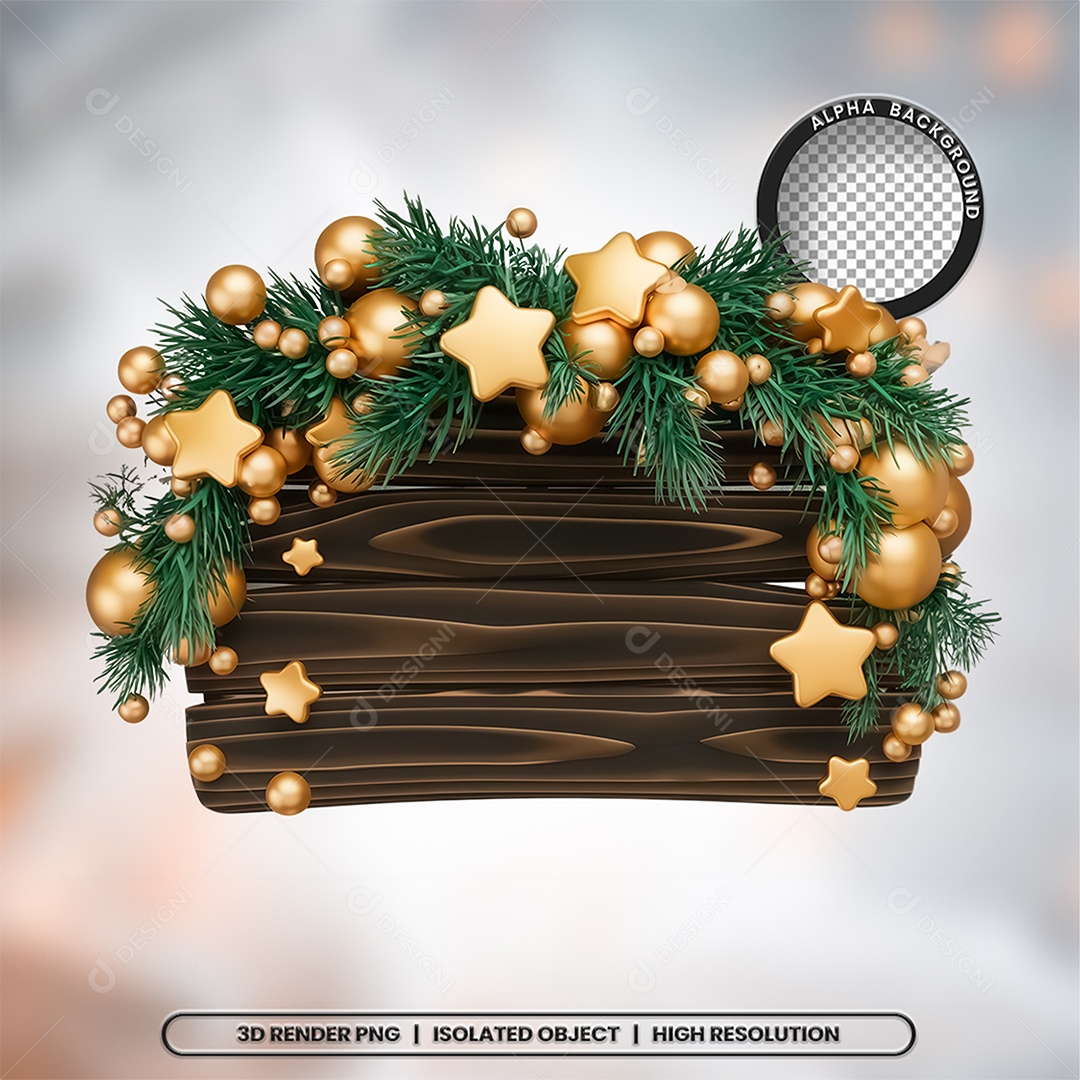 Placa de Madeira de Natal Elemento 3D para Composição PSD