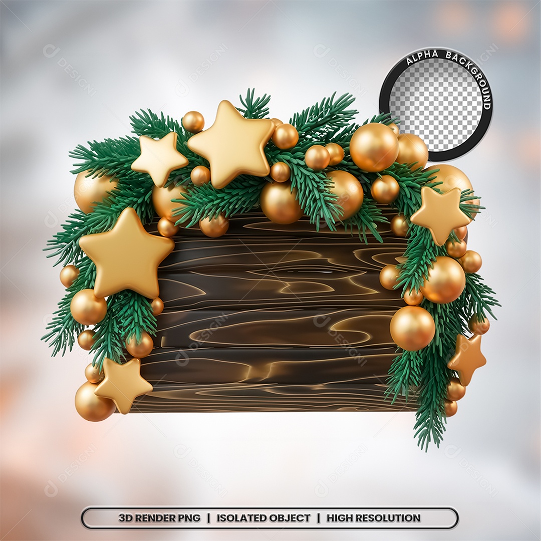 Placa de Madeira de Natal Elemento 3D para Composição PSD