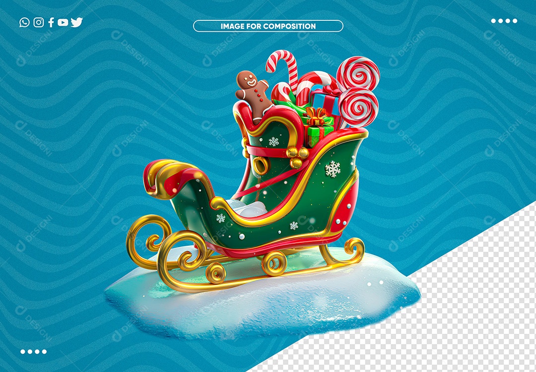 Elemento 3D Trenó do Papai Noel para Composição PSD