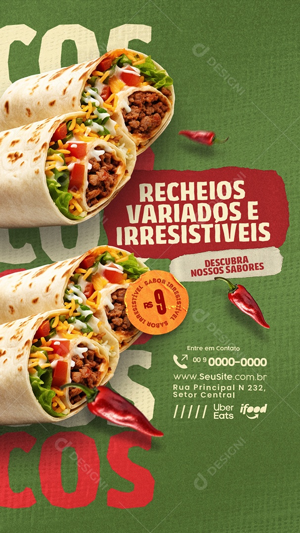 Story Tacos Recheios Variados e Irrestíveis Social Media PSD Editável