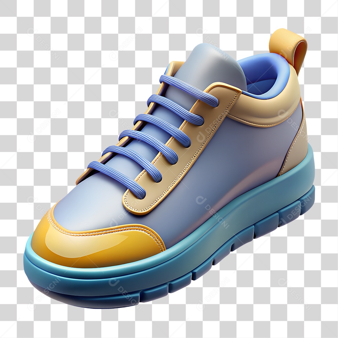 Tênis Azul e Amarelo Elemento 3D para Composição PNG Transparente